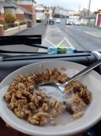 The glamour of it all: Granola on the dashboard, amid the scent of sloshing blue toilet chemicals